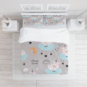 Sleeping Cloud Unicorn Duvet Cover Set with Pillowcases, Gray Kids Cartoon Quilt Cover Double Full Queen King Size, Personalized Bedding