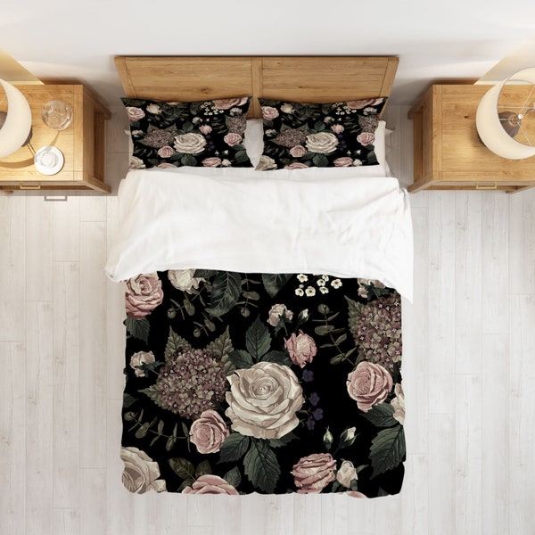 Blossom Garden Roses Couette Cover Set with Pillowcases, Black Floral Patterns 3D Quilt Double Full Queen King All Sizes, Literie personnalisée