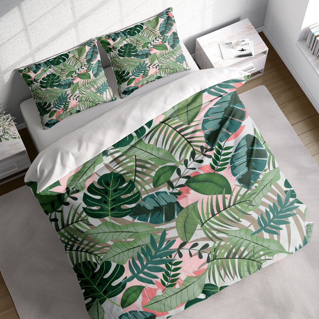 Tropical Leaves Duvet Cover Set With Pillowcases, Green Floral Patterns