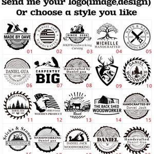 May include: A grid of twenty black and white circular and shield-shaped logo designs featuring woodcraft, carpentry, and nature themes. The text at the top reads: Send me your logo(image,design) Or choose a style you like. Each design is numbered 01 to 20.