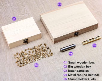 Components of a letter stamp: soldering iron, letter holder, and handle.