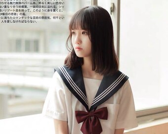 Japanese school uniform JK sailor Dress, Navy Pleated skirt with red bow tie, Anime Cosplay Halloween costume