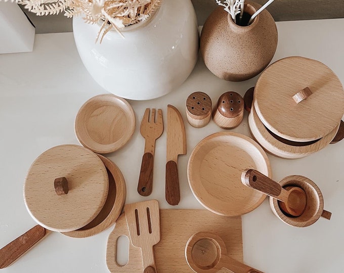 15pc Wooden Play Kitchen Accessory Pots and Pans IKEA Play Kitchen Wood Toys Kids Birthday Gift