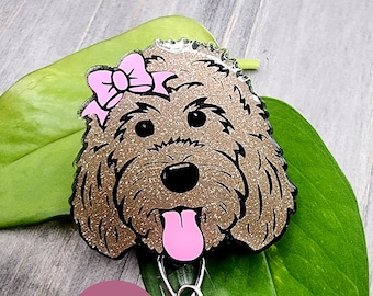 Brown Glitter Golden Doodle Retractable Badge Reel-Doodle Dog Glitter ID  Holder