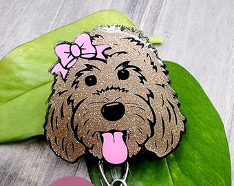 Brown Glitter Golden Doodle Retractable Badge Reel-Doodle Dog Glitter ID Holder
