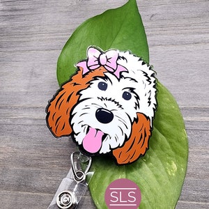 White Glitter Labradoodle w / Two Brown Ear Retractable Badge Reel - Dog Glitter ID Holder