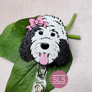 White Glitter Labradoodle w / Two Black Ear Retractable Badge Reel-Old English Sheep Dog Glitter ID Holder