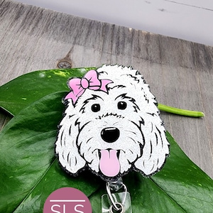 Porte-cartes d'identité scintillant pour chien, gribouillage blanc doré avec insigne noeud