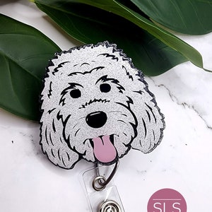 White Glitter Labradoodle Dog Retractable Bade Reel-Doodle Dog ID Holder-Card Holder