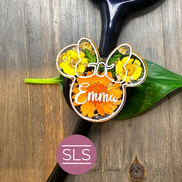 Mouse Shape Custom Stethoscope Name Tag-Dry Pressed Flowers-Gift for Doctor-Rn Gifts-Personalized Nurse-Nurse Week Gifts-RN Graduation Gift
