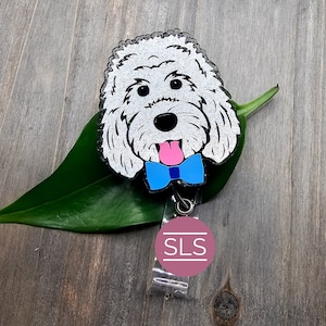 Bobina porta badge retrattile Doodle glitter bianco-Porta identificativo glitter per cani Doodle-Goldendoodle-labradoodle