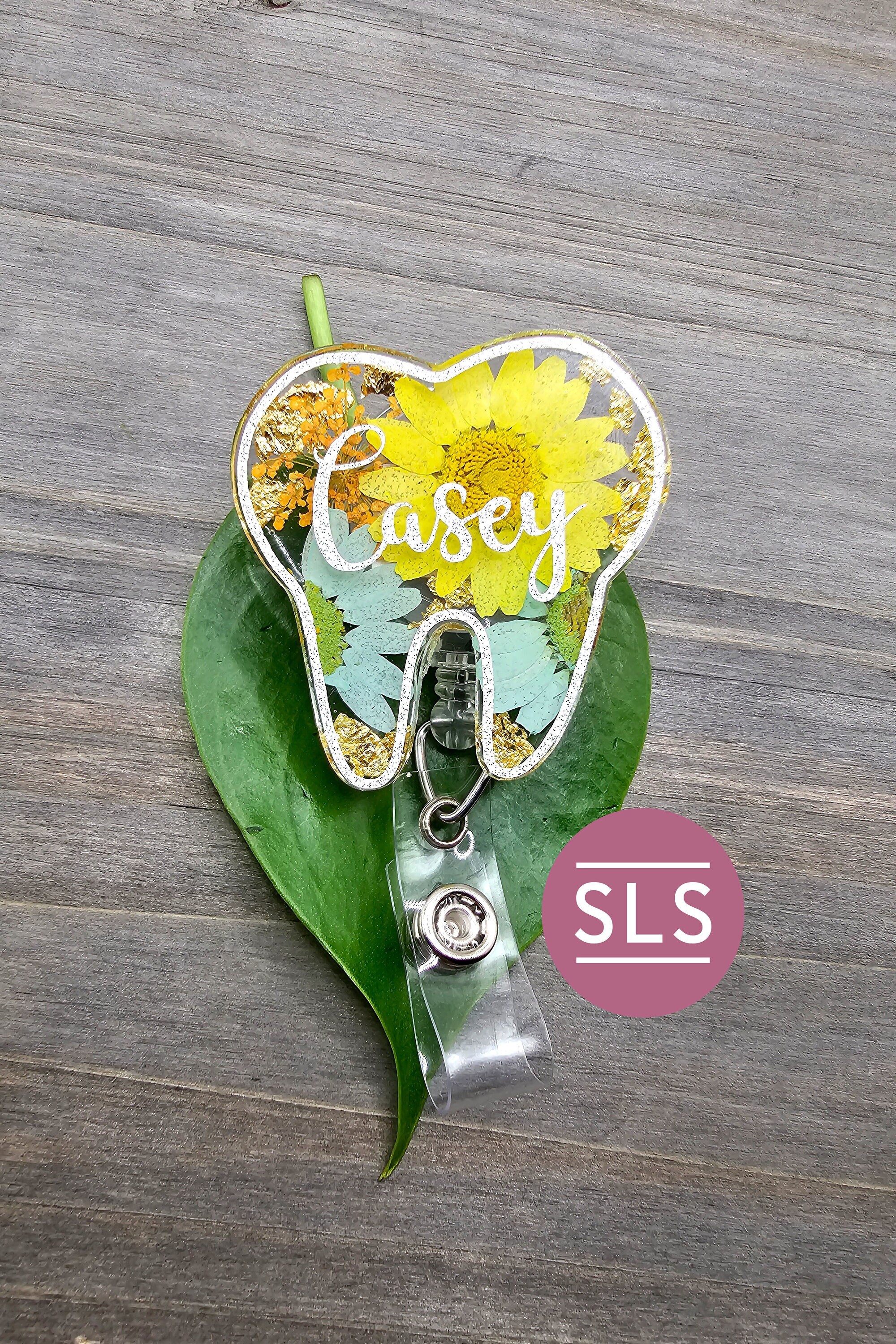 Personalized Floral Tooth Badge Reel-real Dry Pressed Flower