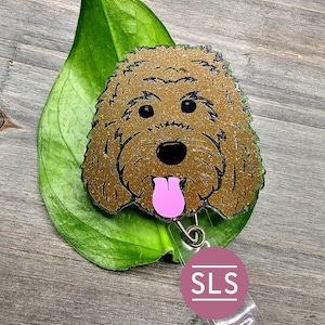 Support pour carte d'identité à paillettes pour chien rétractable doré à motif doodle scintillant marron