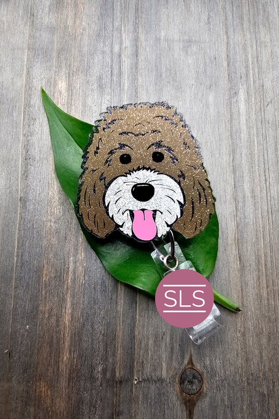 Brown and White Glitter Doodle Retractable Badge Reel-doodle Dog