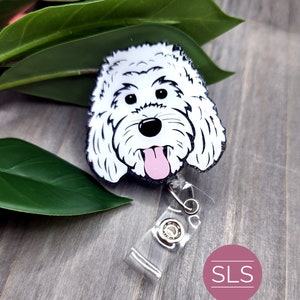 White Labradoodle Dog Retractable Bade Reel-Doodle Dog ID Holder-Card Holder