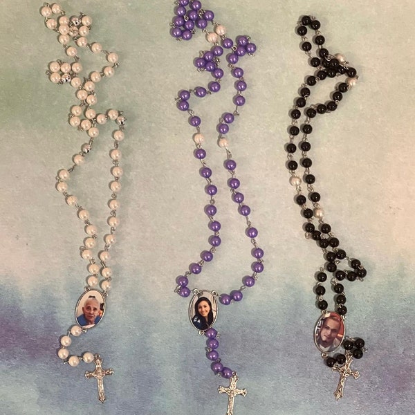 Memorial Rosary with Photo, Personalized Rosary, Pearl Rosary, Custom Rosary