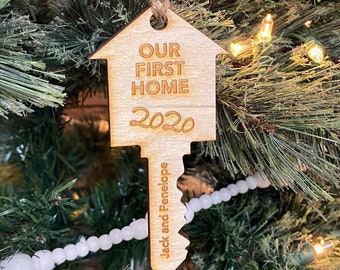 Custom "Our First Home" names wooden Christmas ornament