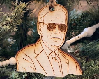 President Joe Biden being tough wooden Christmas ornament