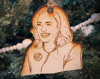 Vice President Kamala Harris smiling wooden Christmas ornament