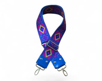Adjustable Crossbody Shoulder Strap Colorful Embroidered and Leather Handbag Purse Strap (Brass Hardware)