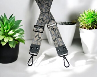 Adjustable Crossbody Shoulder Strap|Leather and Nylon Webbing Handbag Strap|Silver Hardware|Gray and White Lettered Design Webbing