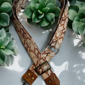 Adjustable Crossbody Shoulder Strap|Leather and Nylon Webbing Handbag Strap (Bronze Hardware) Chocolate Coffee and Beige Lettered Webbing