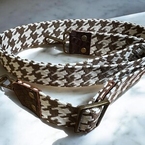 Adjustable Crossbody Houndstooth Shoulder Strap|Leather Crossbody Handbag Strap|Brown White Webbing|Bronze Hardware