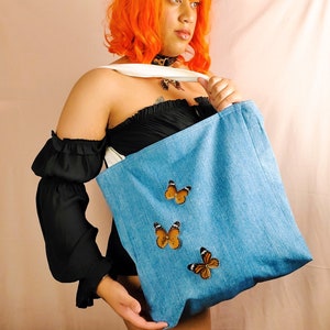 Tote Bag, Echt Schmetterling Verzierung, Wiederverwendbare Einkaufstasche, Denim Tote Bag, Denim Tote Bag, Maschinenwaschbare Tragetasche, Nachhaltige Mode