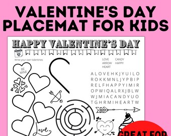 Kinder Valentinstag Party Tischset | Valentinstag Printable | Malvorlagen | Kinderspiele | Partymatte | Valentin Spiele | Klassenzimmer