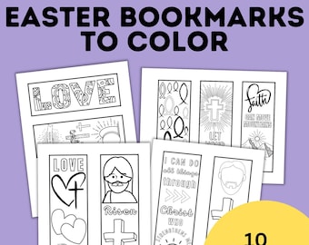 May include: Ten black and white printable Easter bookmarks to color. The bookmarks feature religious themes such as crosses, hearts, fish, and the words "Love", "Risen", "Faith", "Let Your Light Shine", "I Can Do All Things Through Christ Who Strengthens Me".