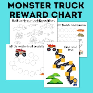 Puede incluir: Un gráfico de recompensas de camión monstruo imprimible con tres actividades diferentes: construir el camión monstruo, ayudar al camión monstruo a romper los bolos y conducir hasta el premio. El gráfico presenta ilustraciones en blanco y negro de camiones monstruo y otras imágenes relacionadas.