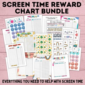 May include: A printable bundle of screen time reward charts for kids. The charts feature colorful designs with rainbows, flowers, and video game controllers. The charts include a checklist for tracking screen time and a section for earning screen time by completing chores or homework.