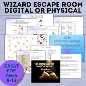 Pode incluir: Um jogo de escape room digital colorido para crianças de 8 a 13 anos com tema de um mago e um livro mágico. O jogo inclui quebra-cabeças, enigmas e desafios para resolver.