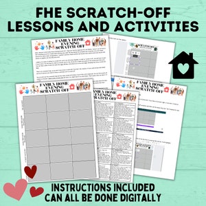 May include: A printable set of scratch-off activities for families. The set includes a grid with squares that can be scratched off to reveal activities. The text "Family Home Evening Scratch Off" is at the top of the grid. The text "Instructions Included Can All Be Done Digitally" is at the bottom of the grid.