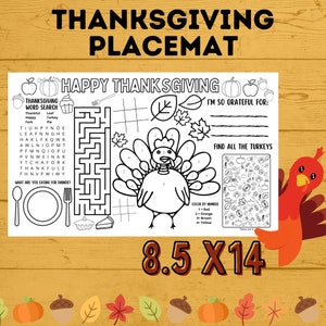 Thanksgiving Activity Place Mat Printable for Kids, Fall Coloring Page and Activity Sheets Kindergarten, Turkey Digital Download, PDF