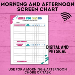 Op de afbeelding: Een printbare grafiek met een roze, blauwe en groene kleurschema. De grafiek heeft de titel "What You Can Do To Earn Screen Time". Het heeft secties voor "Morning Chores" en "Afternoon Chores" met kolommen voor elke dag van de week. De grafiek is ontworpen om kinderen te helpen schermtijd te verdienen door klusjes te doen.