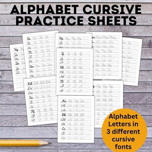Cursive Alphabet Practice Sheets with Different Fonts | Handwriting Practice | Handwriting Cursive | Cursive Practice Sheets | Cursive