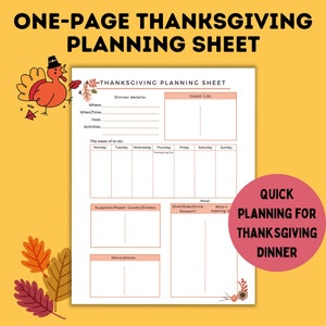 One Page Thanksgiving Planning Sheet | Meal Planning Sheet | To do List | Planning Page | Thanksgiving Dinner Plan