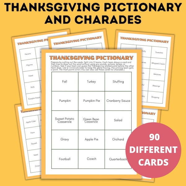 Thanksgiving Pictionary and Charades for Kids and Family | Thanksgiving Game | Kids Game | Thanksgiving Activity | Pictionary | Printable