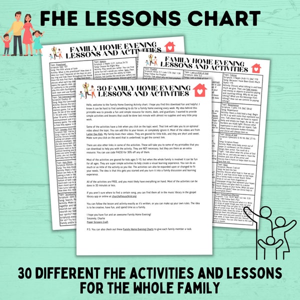 Family Home Evening Activity and Lessons Chart for Kids | FHE Lessons | Sunday Lessons | FHE activities | Family Activities | FHE Ideas