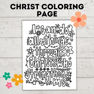 Página para colorir Doodle infantil | Posso todas as coisas em Cristo que me fortalece | Página para colorir de Cristo | Página para colorir inspiradora