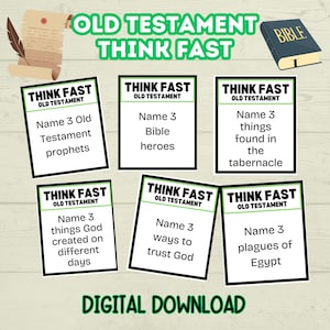 May include: A digital download featuring flashcards with Old Testament trivia questions. The cards are black and white with green accents and include questions about prophets, Bible heroes, and plagues of Egypt. A Bible and scroll are also shown.