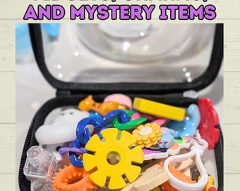 Puede incluir: Un estuche negro con cremallera lleno de una variedad de objetos pequeños y coloridos, incluyendo un fidget amarillo con forma de engranaje, un anillo naranja con púas, eslabones de cadena azules y varios dijes. Texto: FIDGETS, CHARMS, AND MYSTERY ITEMS.