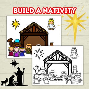 May include: Two illustrated nativity scene coloring pages with the text "BUILD A NATIVITY" in red. One page is colored with a brown stable, figures, and a yellow star. The other is a black and white outline.