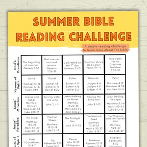 Könnte beinhalten: Ein Sommer-Bibel-Lese-Challenge-Diagramm mit gelber Kopfzeile und orangefarbenem Text. Das Raster enthält Kategorien wie Gottes Schöpfungen, Helden des Glaubens, Jesu Wunder und Gleichnisse mit spezifischen Bibelstellenangaben.
