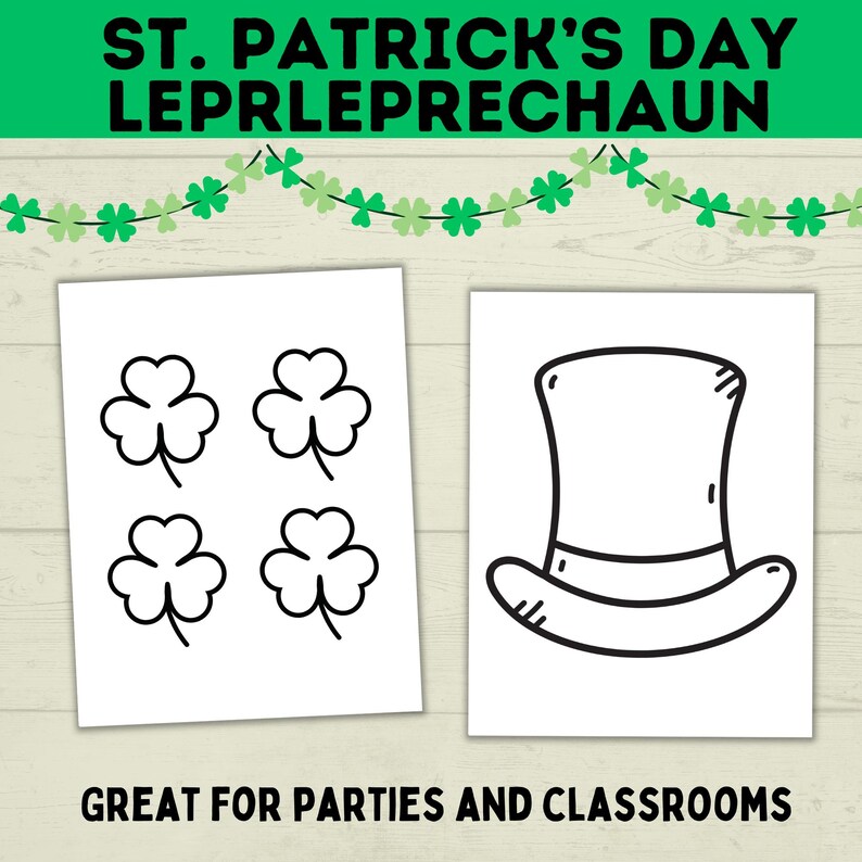 May include: Two printable coloring pages for St. Patrick's Day. One page features four shamrocks and the other page features a leprechaun's hat.