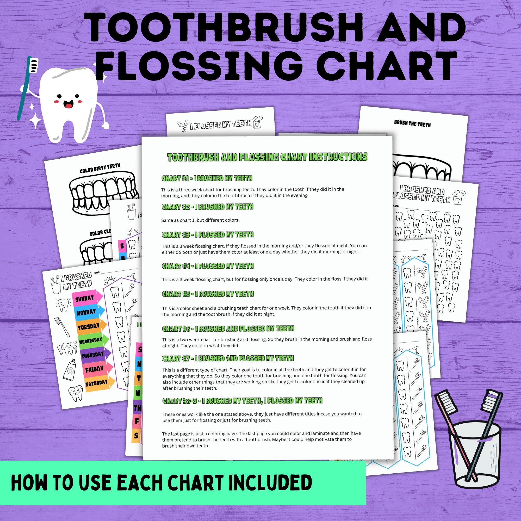 Toothbrush Chart for Kids | Flossing Chart | Brushing Teeth Reward ...