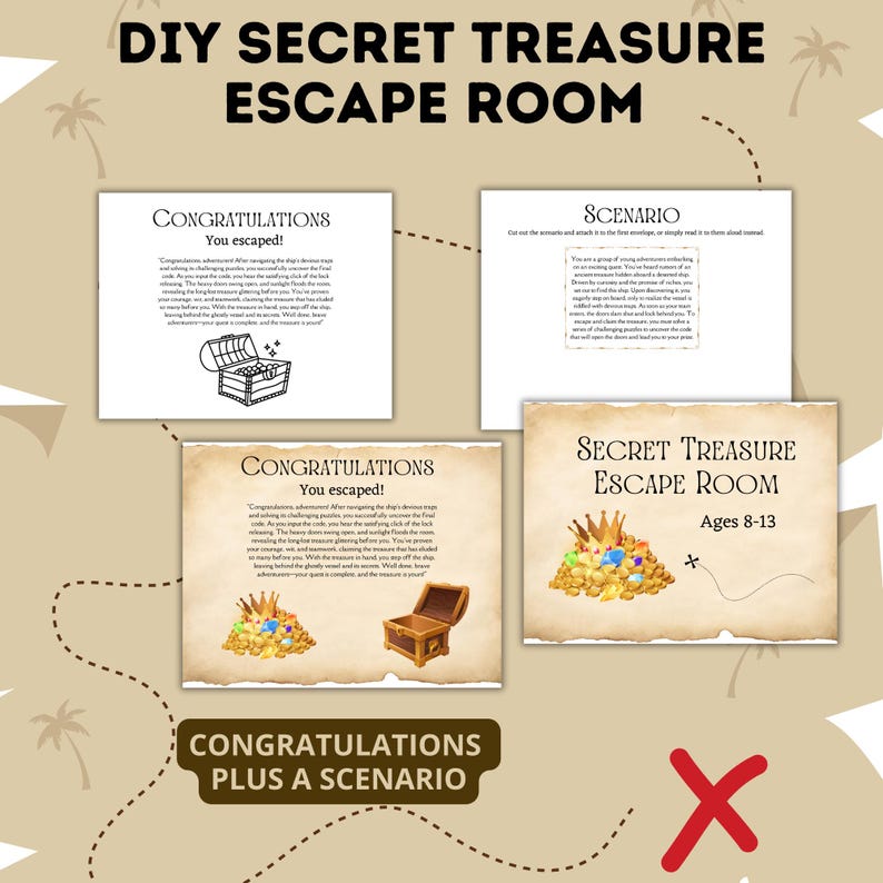 K&ouml;nnte beinhalten: Ein druckbares DIY Secret Treasure Escape Room Spiel f&uuml;r Kinder von 8 bis 13 Jahren. Das Spiel beinhaltet ein Szenario, Anweisungen und eine Gl&uuml;ckwunschkarte mit einer Schatztruhenillustration.