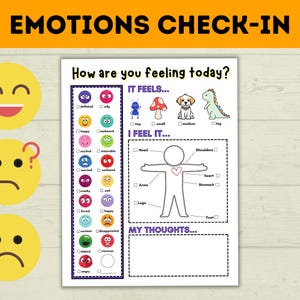 May include: A printable emotions check-in worksheet with colorful cartoon faces and a body outline with checkboxes for different feelings and sensations. The worksheet includes the text "How are you feeling today?" and "IT FEELS...", "I FEEL IT...", and "MY THOUGHTS..."