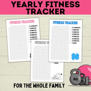 May include: Three printable fitness trackers with a black and white grid design. Each tracker has a column for each month of the year and a list of time increments for workouts. The trackers are decorated with black and white illustrations of dumbbells and a water bottle.